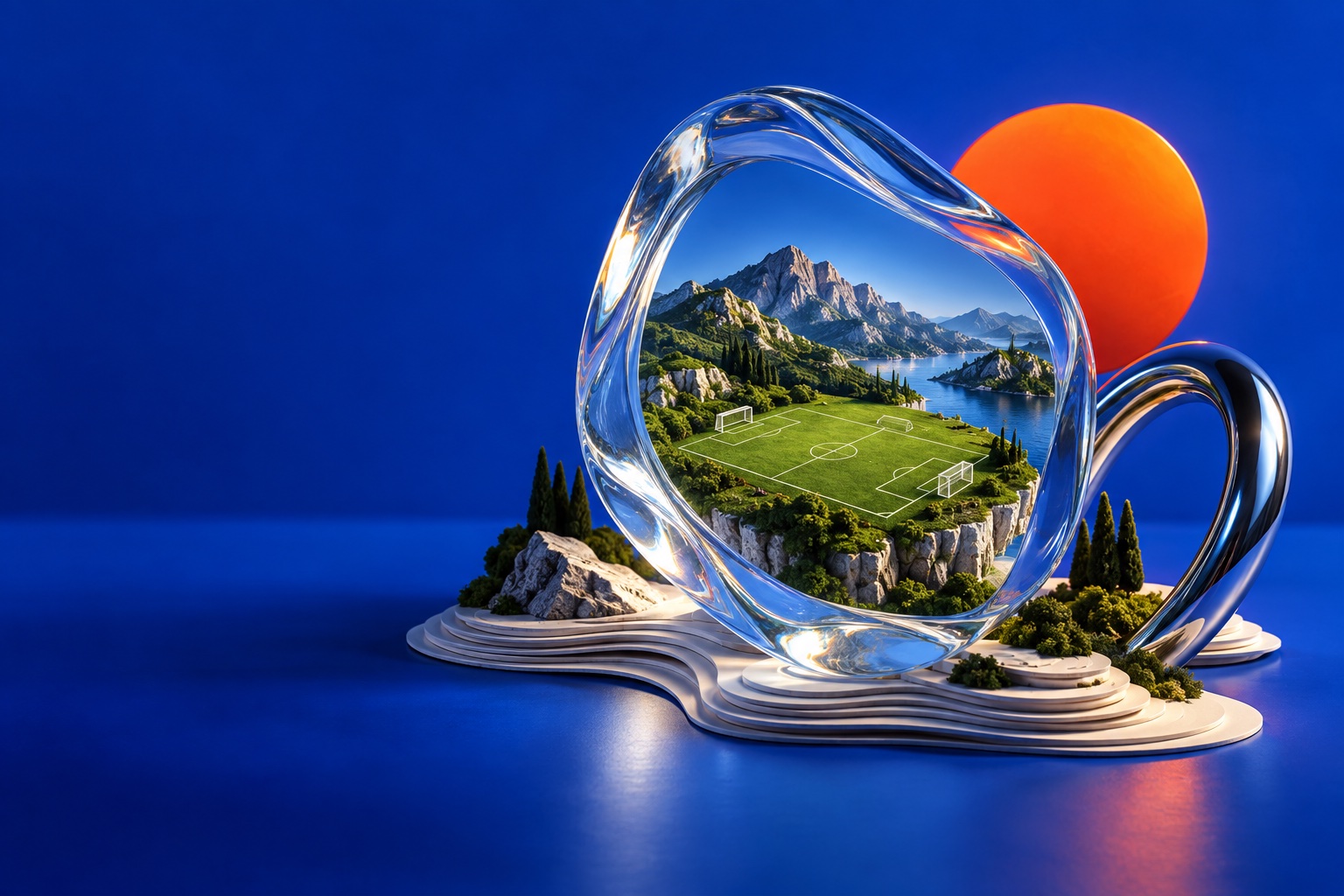 A glass portal opens onto a miniature green landscape, with an orange sun and sculptural chrome forms.